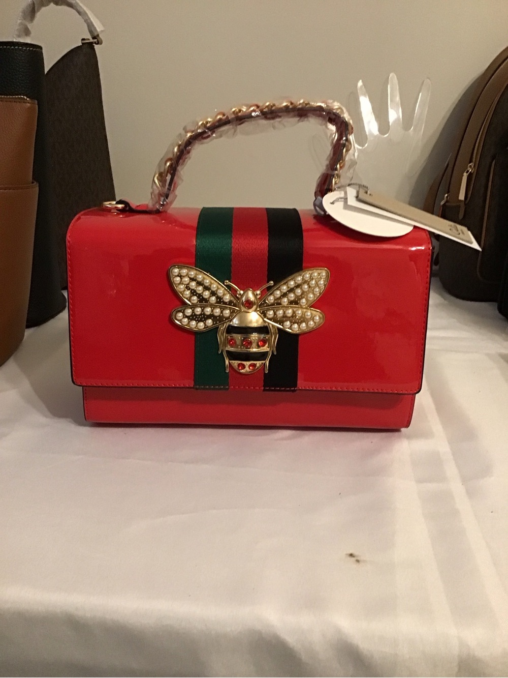 Affordable Fashion Finds Red Patent Top-Handle Satchel with Pearl Bee Accent